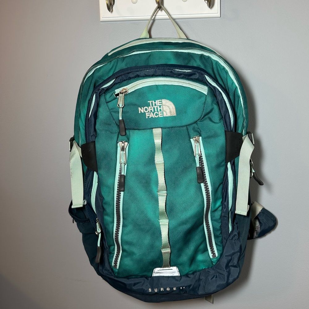 The North Face Surge II Hiking Backpack, Padded Laptop. 2 Tone Blue Green